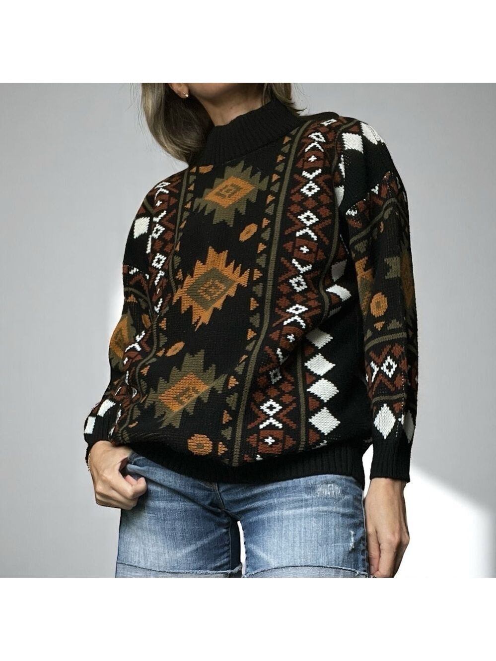 VTG 80s Vintage Knit Turtleneck Sweater Aztec Western Design Boho Festival M/ L
